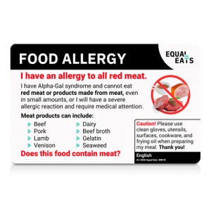 Red Meat Allergy Card - Alpha-Gal Syndrome - Food Allergy Alert