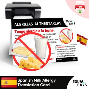 Vertaalkaart Spaanse melkallergie, directe digitale download pdf, Eat Safe in Spain, Equal Eats, medische identiteitskaart