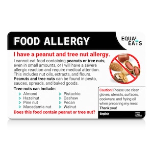 Peanut and Tree Nut Allergy Translation Card • Select from 50 Languages • Plastic Card Allergy Alert Card • Pro Translations • Equal Eats