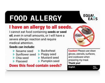 Seed Allergy Translation Card • Restaurant Card in 50 Languages • Plastic Sesame Allergy Alert Bracelet Backup • Self Care • Equal Eats