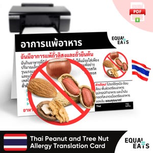 Vertaalkaart voor Thaise pinda- en notenallergie, instant digitale download pdf, veilig eten in Thailand, Equal Eats, medische identiteitskaart