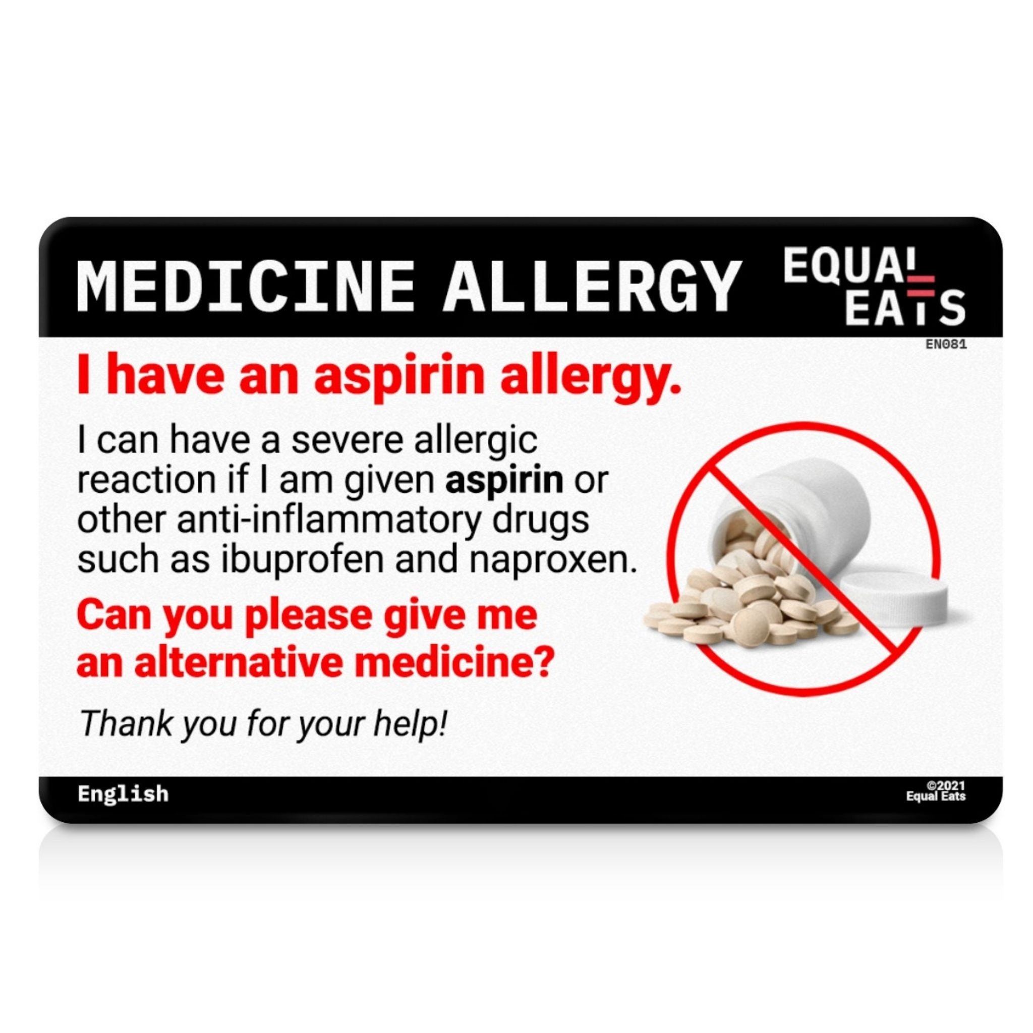 Aspirin Allergy Card Medical Alert ID Card for Medication Etsy