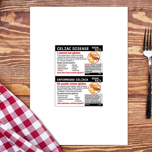 Printable Spanish Celiac Disease Allergy Alert Card (Instant Download) - Print Multiple Copies and Save on your Phone