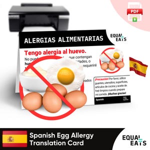 Tarjeta de traducción de alergia al huevo, descarga digital instantánea en PDF, comer de forma segura en España, Equal Eats, tarjeta de identificación médica