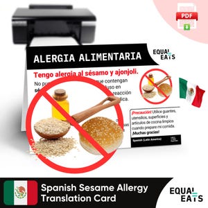 Spaans Latijns-Amerika vertaalkaart sesamallergie, directe digitale download pdf, Eat Safe in Latin America, Equal Eats, medische identiteitskaart