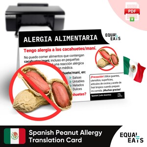 Tarjeta de traducción de maní en español de América Latina, descarga digital instantánea en PDF, comer de forma segura en América Latina, Equal Eats, tarjeta de identificación médica