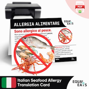 Tarjeta de traducción de alergia a los mariscos en italiano, descarga digital instantánea en formato PDF, comer de forma segura en Italia, Equal Eats, tarjeta de identificación médica