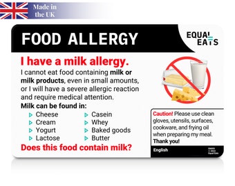 Milk Allergy Translation Card • Chef Allergy Alert Card • Select from 50 Languages •  Milk Free Dining Card for Travel  • Equal Eats