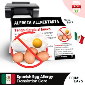 Tarjeta de traducción de alergia al huevo en español, descarga digital instantánea en formato PDF, alimentación segura en América Latina, Equal Eats, tarjeta de identificación médica