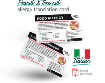 Peanut and Tree Nut Allergy Translation Card - English and Italian - Instant Download (PDF) - Food Allergy