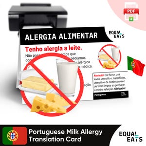 Tarjeta de traducción de alergia a la leche en portugués, descarga digital instantánea en formato PDF, comer de forma segura en Portugal, Equal Eats, tarjeta de identificación médica