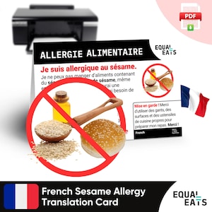 Franse vertaalkaart voor sesamallergie, instant digitale download pdf, Eat Safe in France, Equal Eats, medische identiteitskaart