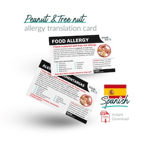 Peanut and Tree Nut Allergy Translation Card - English and Spanish - Instant Download PDF