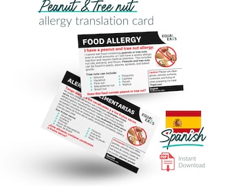 Peanut and Tree Nut Allergy Translation Card - English and Spanish - Instant Download PDF