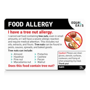 Carte de traduction sur les allergies aux noix • Carte de restaurant en 50 langues • Indispensable en voyage pour les allergies • Sauvegarde de bracelet contre les allergies aux noix • Carte de chef