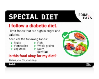 Diabetic Diet Card • Dietary Communication Card for Dining with Diabetes• Diabetic Bracelet on a Plastic Card • 50 Languages • Equal Eats