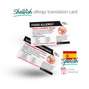 Traducción de mariscos - Tarjeta de alergia alimentaria en español (Descarga instantánea en PDF)