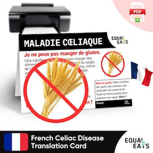 Vertaalkaart Franse coeliakie, directe digitale download pdf, Eat Safe in France, Equal Eats, medische identiteitskaart