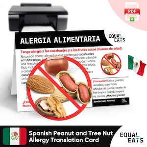 Tarjeta de traducción de alergia al maní y a los frutos secos en América Latina, descarga instantánea, alimentación segura en América Latina, Equal Eats, tarjeta médica