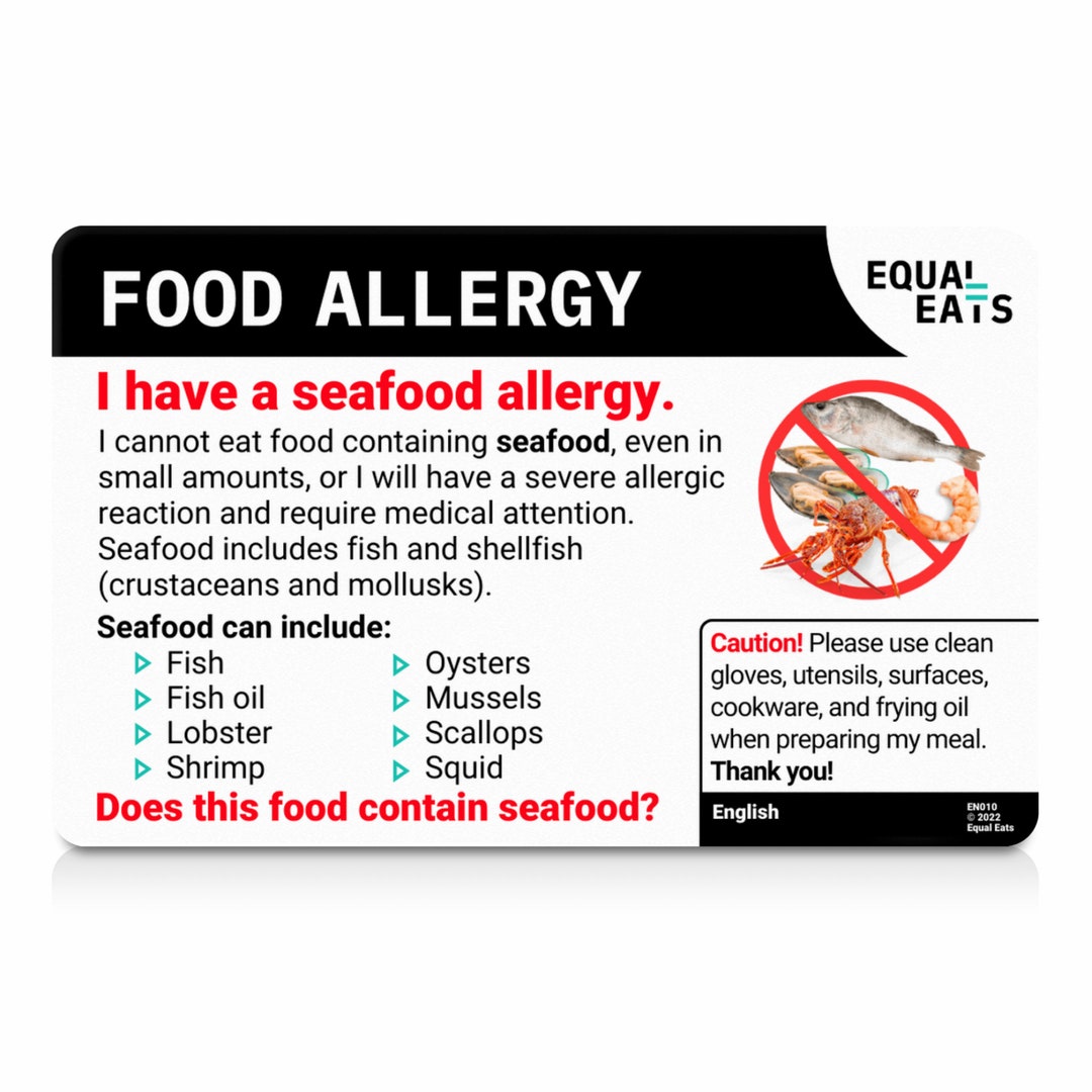 Seafood Allergy Translation Card Select From 50 Languages Plastic
