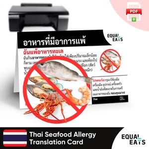 Tarjeta de traducción de alergia a los mariscos tailandeses, descarga digital instantánea en PDF, comer de forma segura en Tailandia, Equal Eats, tarjeta de identificación médica