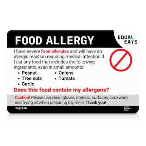 Customized Food Allergy Card | Custom Translation Card | Select from 500 Allergens and 50 Languages | Equal Eats Personalized Plastic Card