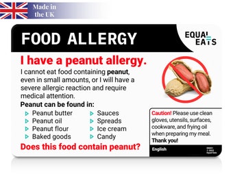 Peanut Allergy Translation Card • Professional Dining Card • Select in 50 Languages •  Plastic Professionally Translated Card • Equal Eats