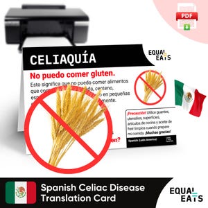 Coeliakievertaalkaart Spaans Latijns-Amerika, Instant pdf digitale download, Eat Safe in Latin America, Equal Eats, medische identiteitskaart