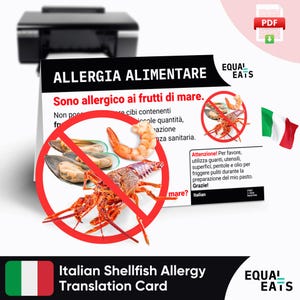 Tarjeta de traducción de alergia a los mariscos, descarga digital instantánea en formato PDF, comer de forma segura en Italia, Equal Eats, tarjeta de identificación médica
