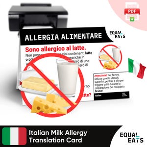 Tarjeta de traducción de alergia a la leche en italiano, descarga digital instantánea en formato PDF, comer de forma segura en Italia, Equal Eats, tarjeta de identificación médica