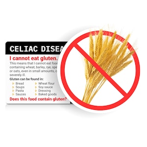 Carte de traduction sans gluten • Carte de restaurant pour la maladie cœliaque • Choix parmi 50 langues • Gluten • Carte d'alerte médicale en cas de voyage