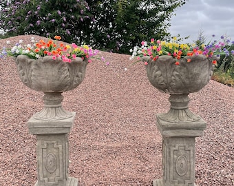 Pair of Cast stone plinths and pots