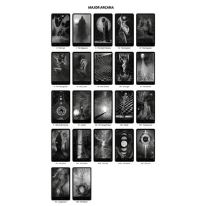 May include: A black and white tarot deck with 22 cards depicting the Major Arcana. Each card features a unique illustration and a Roman numeral and title.