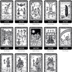 May include: Black and white tarot card deck illustration of the Cups suit. Each card features a unique design with a black and white illustration of a person, animal, or object. The cards are arranged in a grid of four rows and three columns. The suit of Cups is associated with emotions, relationships, and intuition.