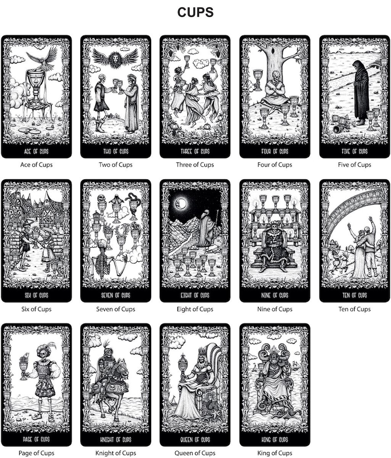 May include: Black and white tarot card deck illustration of the Cups suit. Each card features a unique design with a black and white illustration of a person, animal, or object. The cards are arranged in a grid of four rows and three columns. The suit of Cups is associated with emotions, relationships, and intuition.