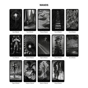 May include: A black and white tarot deck featuring the Wands suit. Each card depicts a unique and detailed illustration, with a black and white color scheme. The cards are arranged in a grid, with the suit name at the top.