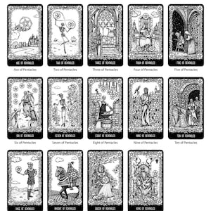 May include: Black and white tarot card deck illustration of the Pentacles suit. Each card features a unique design with a skeletal figure, a building, or a person. The cards are labeled with the suit name and the card number.