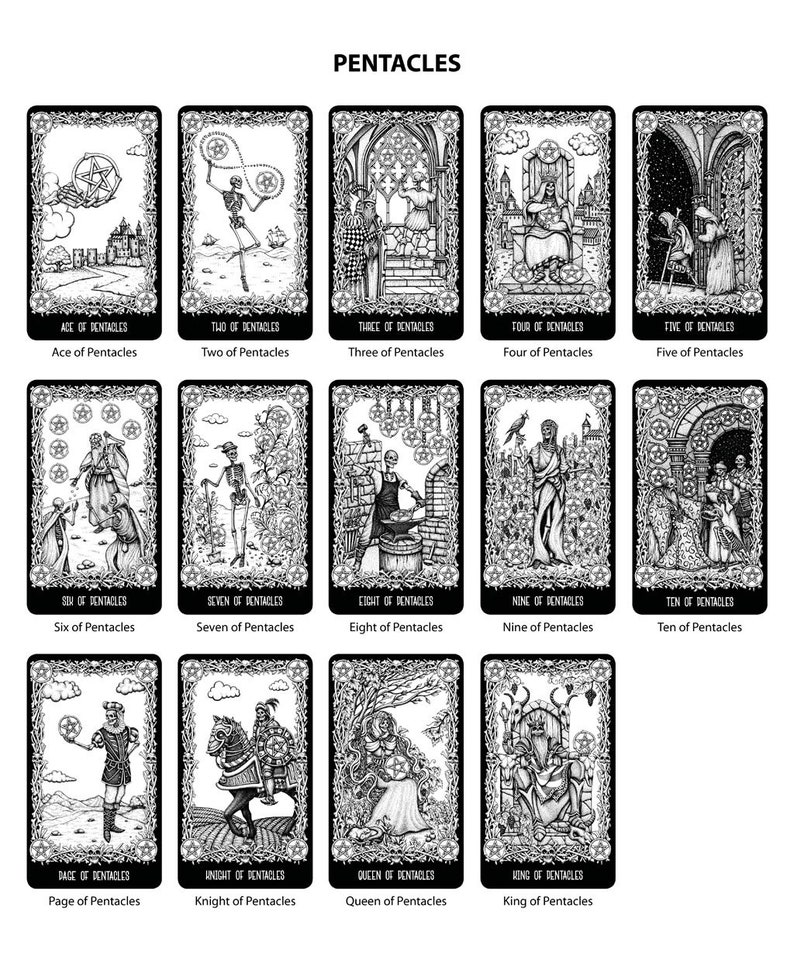 May include: Black and white tarot card deck illustration of the Pentacles suit. Each card features a unique design with a skeletal figure, a building, or a person. The cards are labeled with the suit name and the card number.