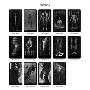 May include: A black and white tarot deck featuring the Swords suit. Each card depicts a unique and detailed illustration of a person or scene, with a black background and white accents. The cards are arranged in a grid, with the suit name "SWORDS" at the top.