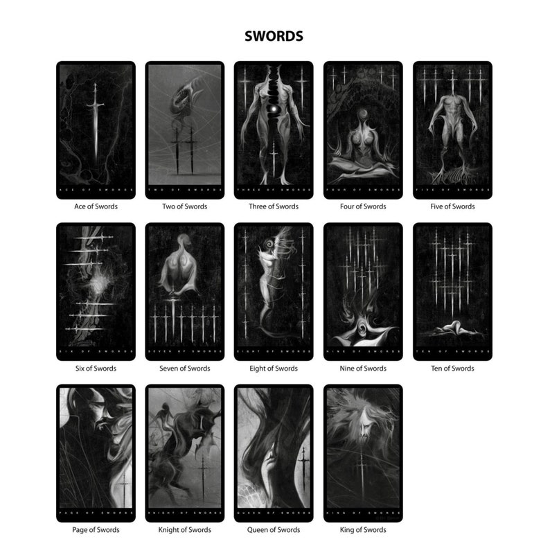 May include: A black and white tarot deck featuring the Swords suit. Each card depicts a unique and detailed illustration of a person or scene, with a black background and white accents. The cards are arranged in a grid, with the suit name "SWORDS" at the top.