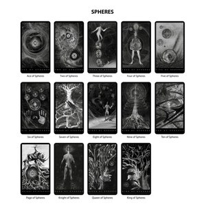 May include: A black and white tarot deck featuring the suit of spheres. Each card depicts a unique image with a black and white design. The cards are numbered from Ace to King and include a Page and Knight.