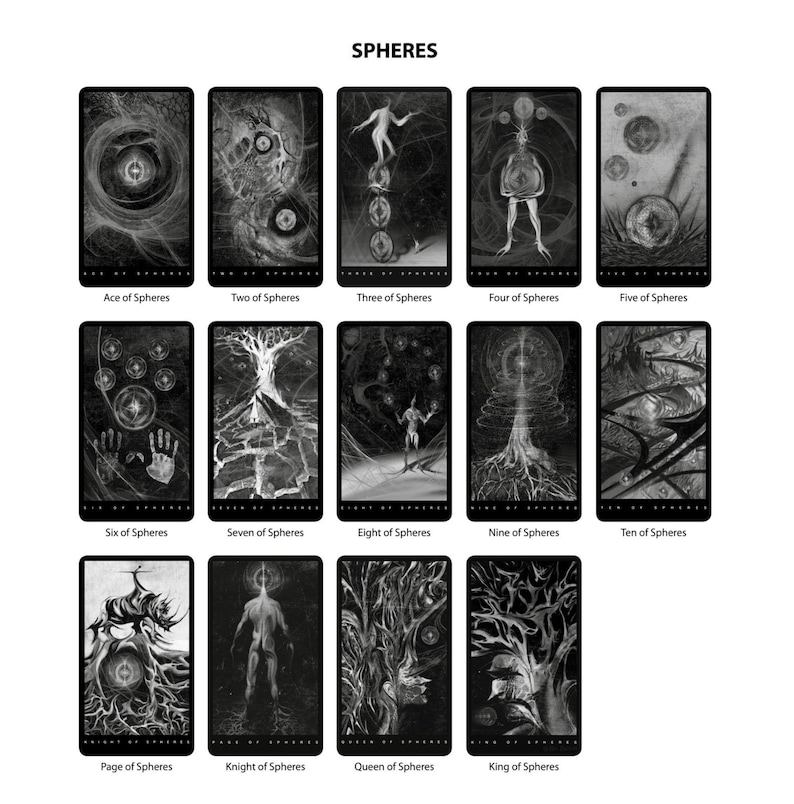 May include: A black and white tarot deck featuring the suit of spheres. Each card depicts a unique image with a black and white design. The cards are numbered from Ace to King and include a Page and Knight.