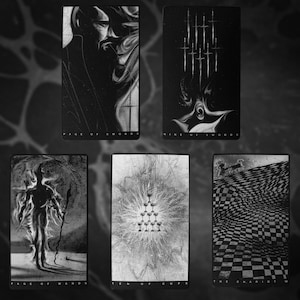 May include: A set of ten tarot cards featuring black and white illustrations. The cards include: Page of Swords, Nine of Swords, Page of Wands, Ten of Cups, and The Chariot.
