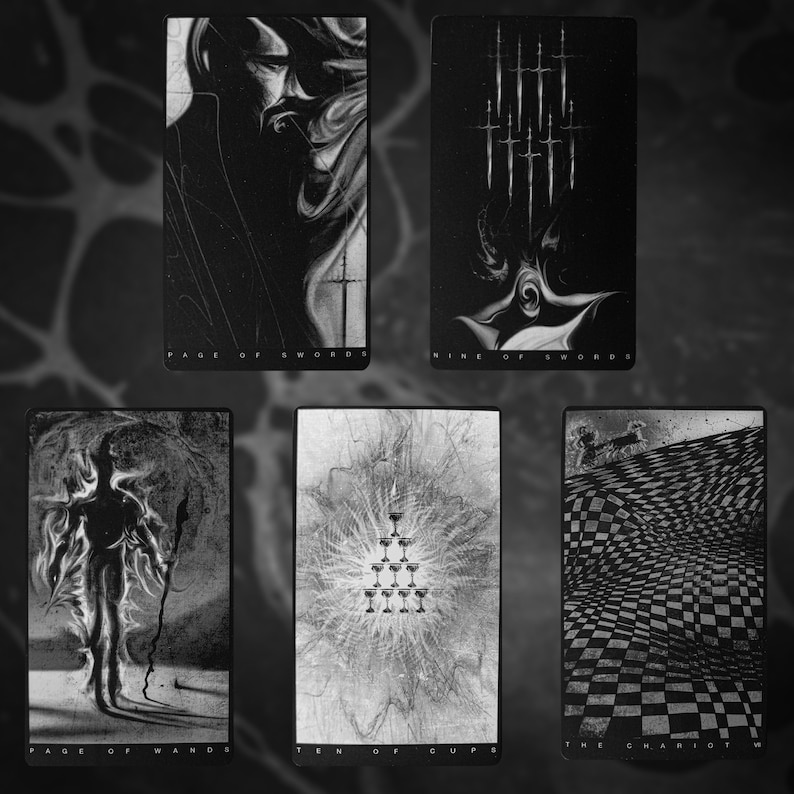 May include: A set of ten tarot cards featuring black and white illustrations. The cards include: Page of Swords, Nine of Swords, Page of Wands, Ten of Cups, and The Chariot.