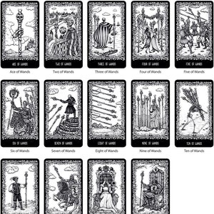May include: A black and white tarot deck featuring the Wands suit. Each card depicts a skeletal figure with a staff, surrounded by intricate details. The cards are arranged in a grid, showcasing the Ace through King of Wands.