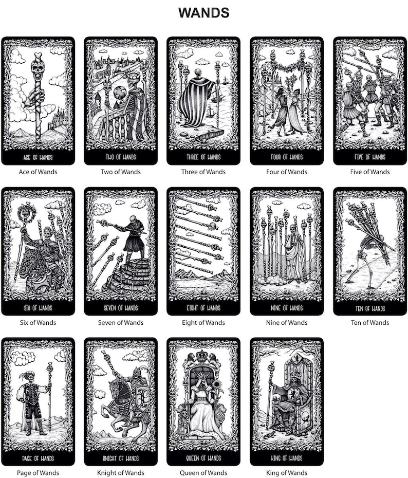 May include: A black and white tarot deck featuring the Wands suit. Each card depicts a skeletal figure with a staff, surrounded by intricate details. The cards are arranged in a grid, showcasing the Ace through King of Wands.
