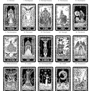 May include: Black and white tarot card deck featuring a gothic style illustration of each card. The deck includes all 22 Major Arcana cards and a card back with a detailed design.