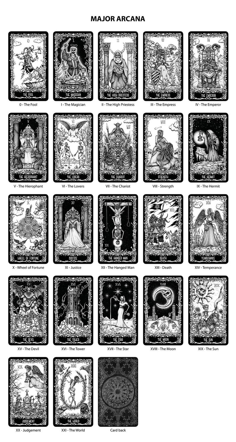 May include: Black and white tarot card deck featuring a gothic style illustration of each card. The deck includes all 22 Major Arcana cards and a card back with a detailed design.