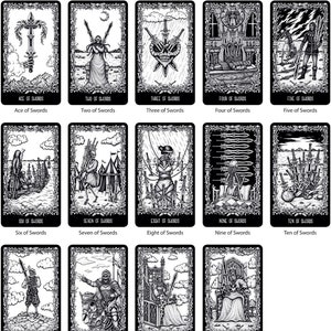 May include: Black and white tarot card deck illustration of the Swords suit. Each card features a unique design with a sword motif. The cards are arranged in a grid, with the Ace of Swords at the top left and the King of Swords at the bottom right.