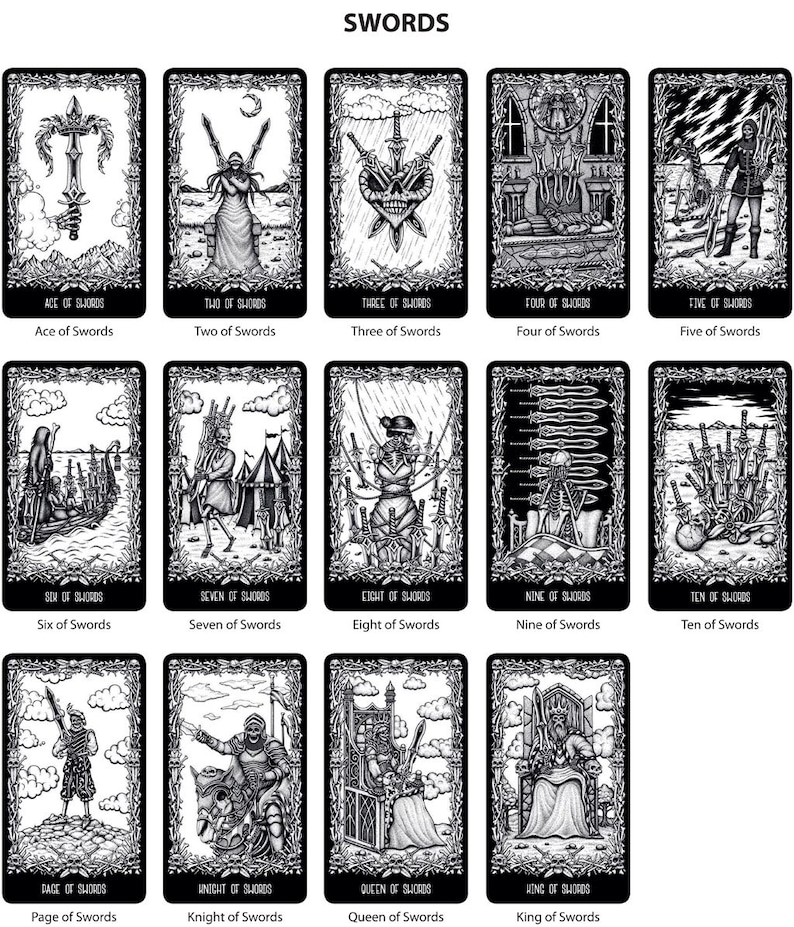 May include: Black and white tarot card deck illustration of the Swords suit. Each card features a unique design with a sword motif. The cards are arranged in a grid, with the Ace of Swords at the top left and the King of Swords at the bottom right.